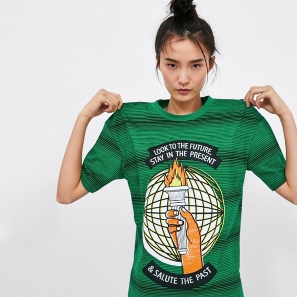 NWT Zara Graphic T Shirt Green Striped Size Small - Picture 5 of 6